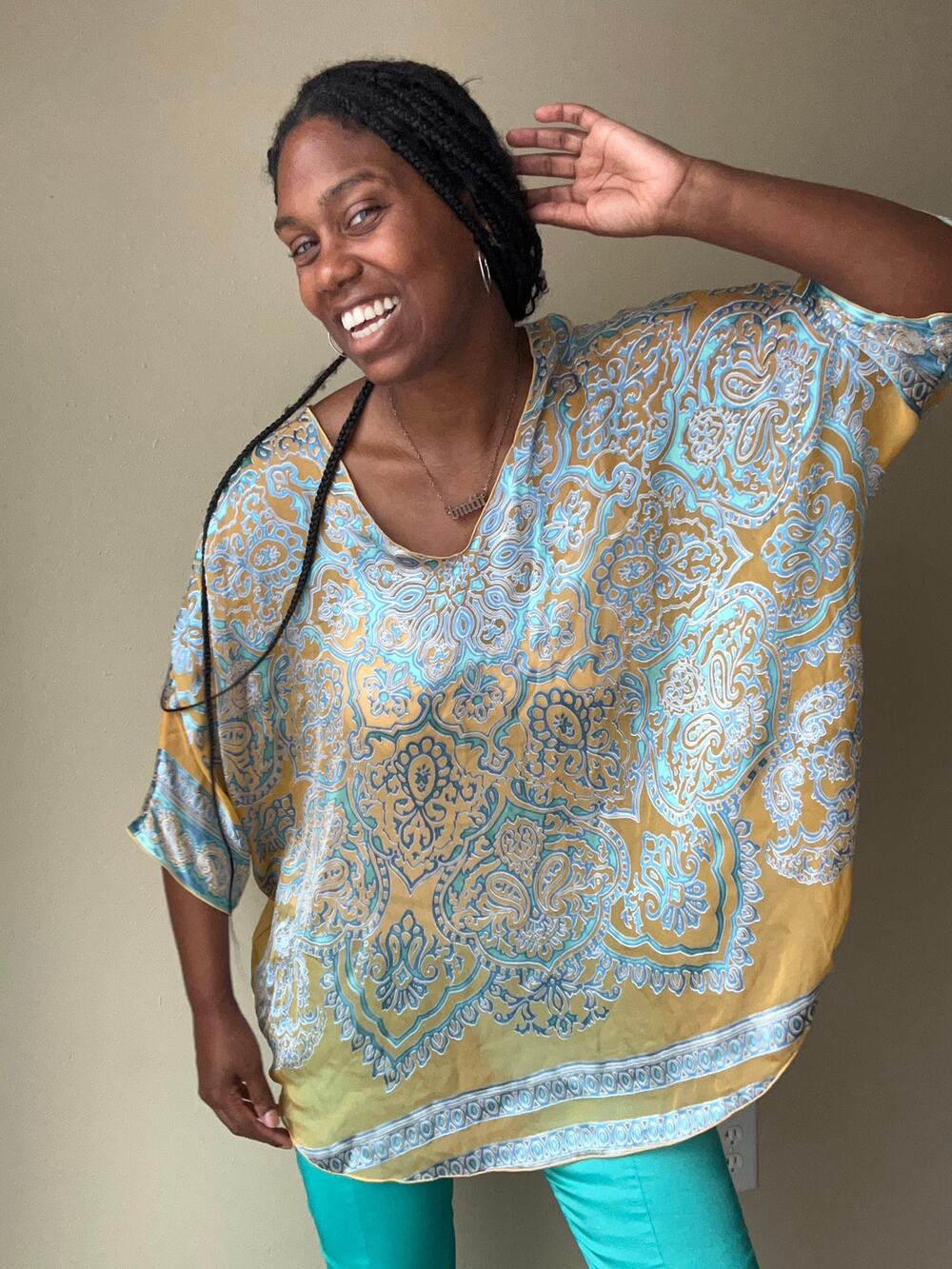 HaleBob Turquoise and Yellow Batwing Boho Silk Blend Top Size Medium